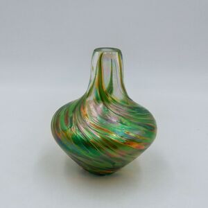 New Orleans Art Glass Oil Lamp Base Small Vase Green Swirl Iridescent Signed 5"